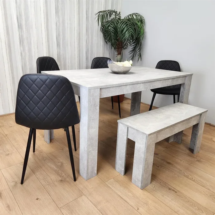 Stone Grey Wood Dining Table with Bench and 4 Black Leather Chairs