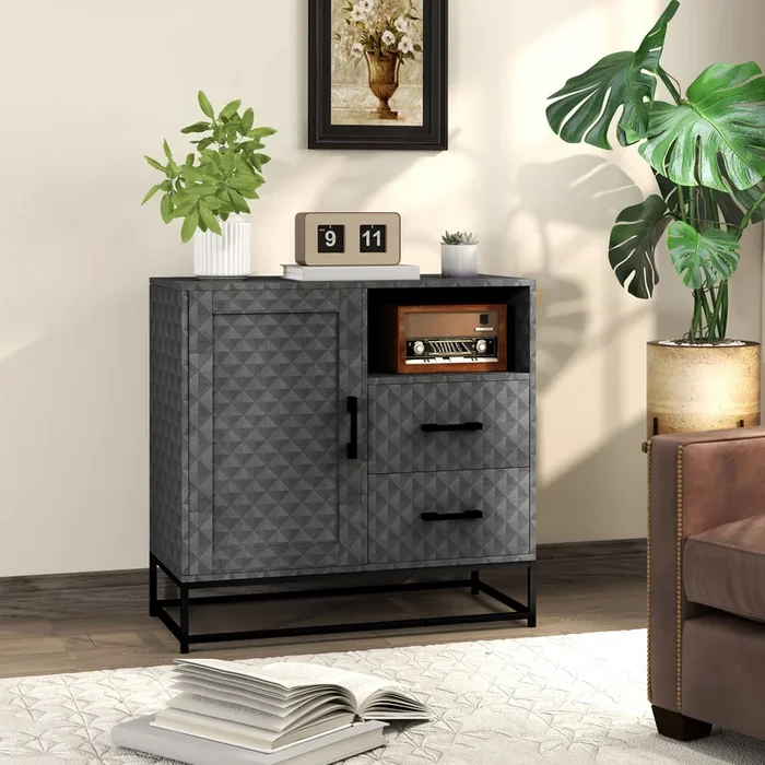 Storage Cupboard with Adjustable Shelf, Open Compartment and 2 Drawers