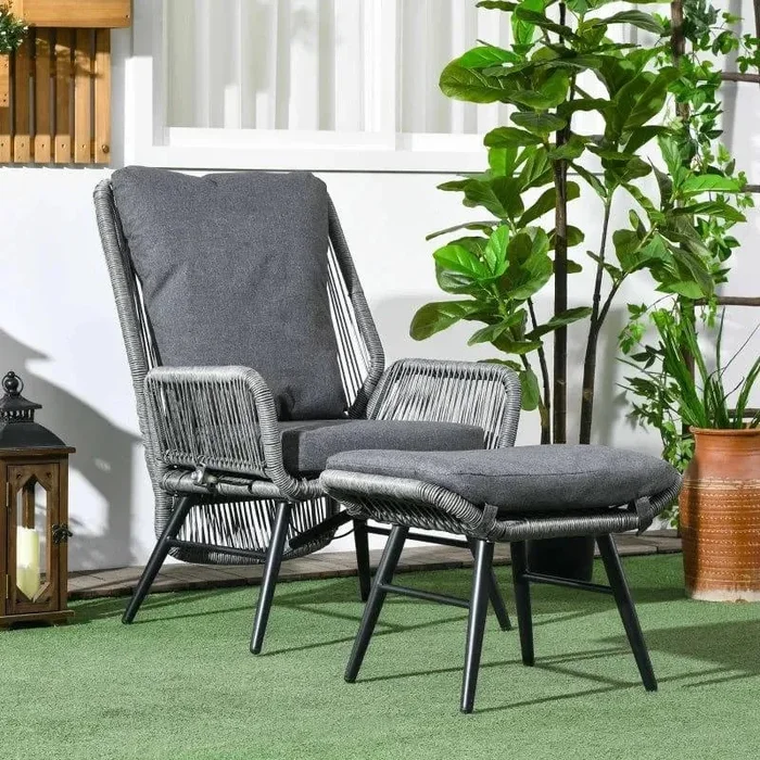 String Rattan Armchair and Footstool Set with Grey Cushions