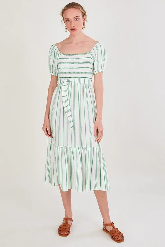 Stripe jacquard belted tiered dress