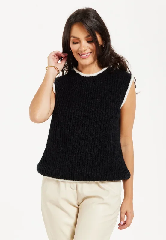 Super Soft Sleeveless Ribbed Knit Sweater Vest – Black&White