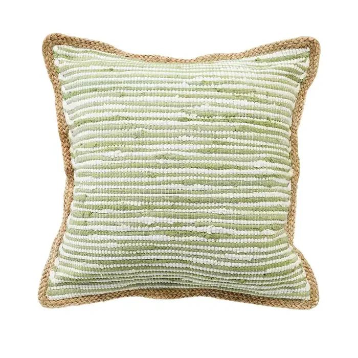Sweet Pea Green and White Striped Jute Bordered Throw Pillow