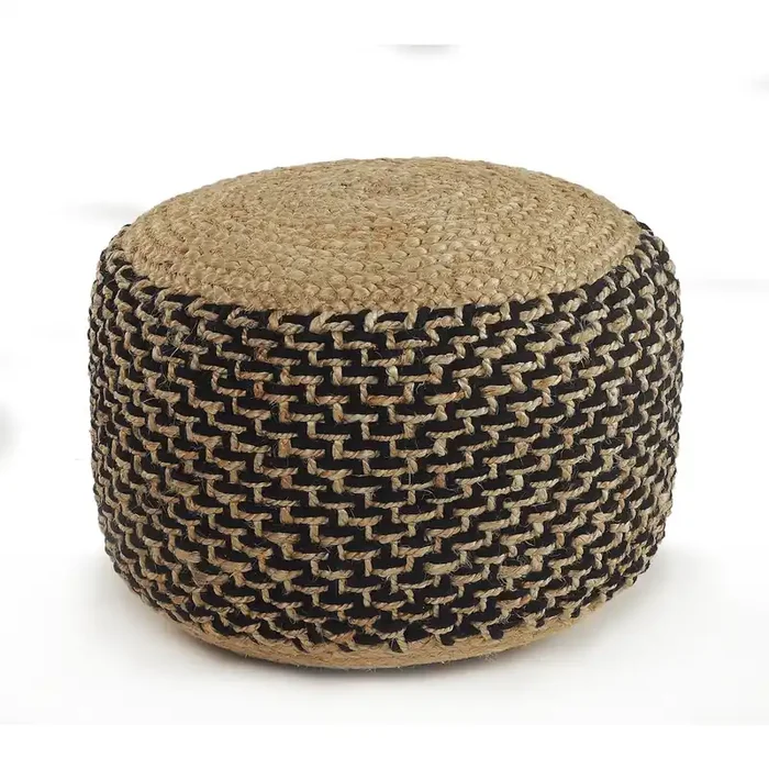 Tan/Black Geometric Hand-Woven All-Natural Jute Blend Ottoman Pouf