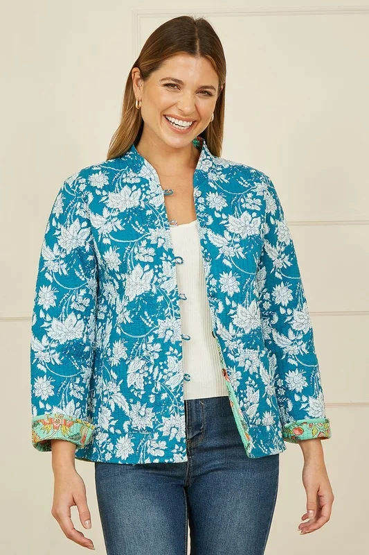 Teal Floral Reversible Cotton Quilted Jacket