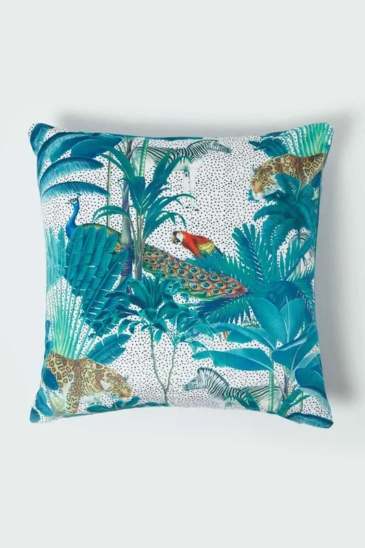 Teal Jungle & Parrot Velvet Cushion 46 x 46 cm
