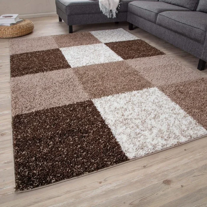 THE RUGS Fluffy and Soft Shaggy Rugs Living Room Rug in Brown – Elegant Geometric Design Carpets For Bedrooms And Kitchen | 381