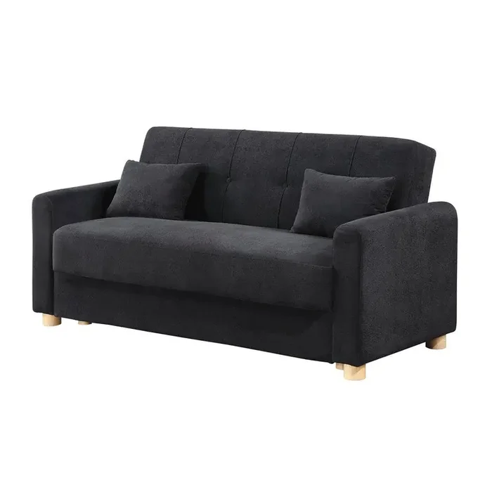 Thomas 66″W Black Fabric Convertible Sleeper Loveseat with Storage