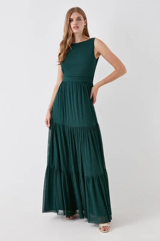 Tiered Skirt Stretch Mesh Bridesmaid Dress