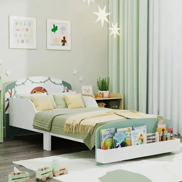 Toddler Cartoon-Lion Design Bed with Storage – Green | Low Frame with Side Rails AIYAPLAY