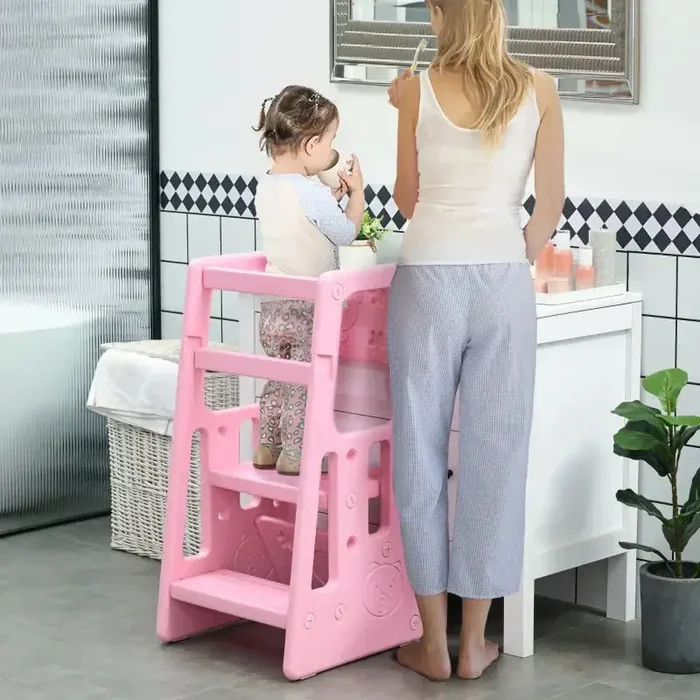 Toddler Step Stool – Pink | Adjustable Kids Kitchen Helper Tower – 3-Height Platforms HOMCOM