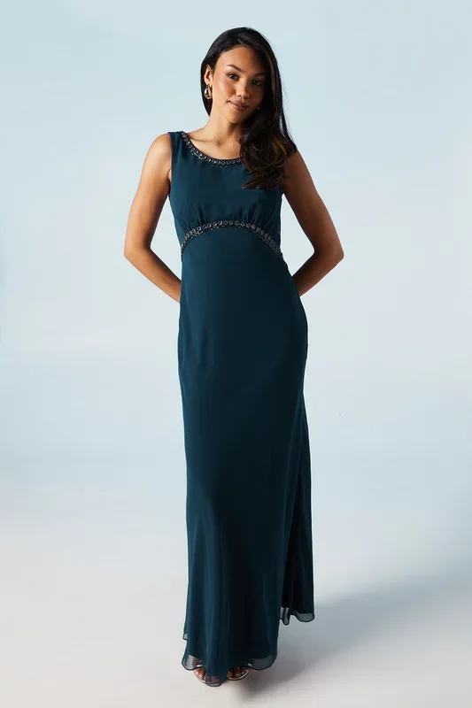 Trim Detail V Back Sleeveless Bridesmaid Dress