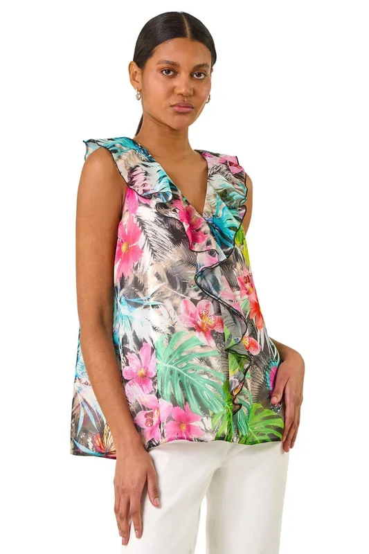 Tropical Print Ruffle Front Vest