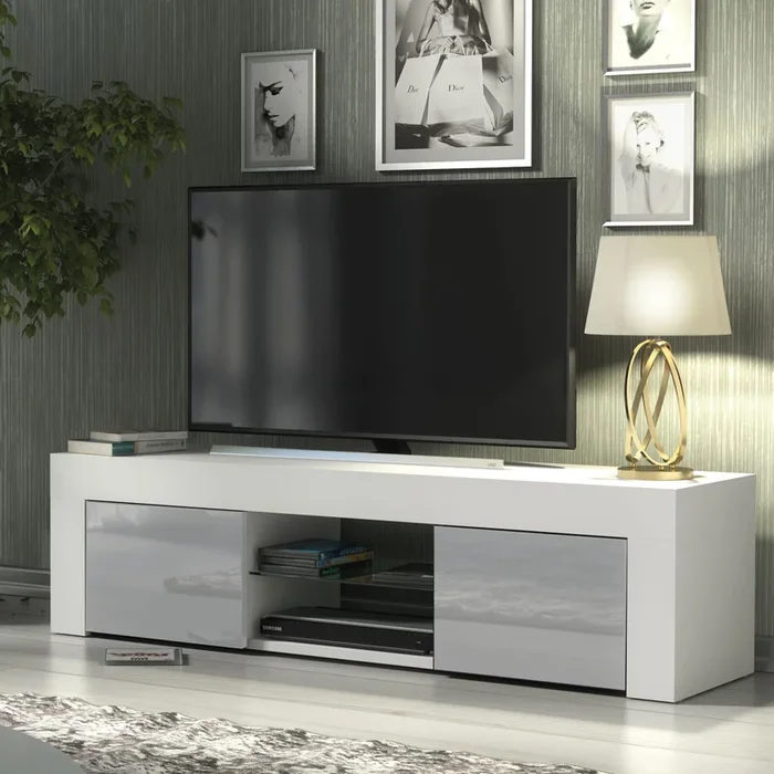 TV Unit 130cm Modern – White with High Gloss Grey Doors