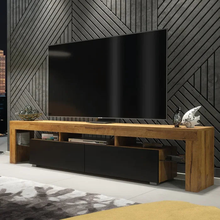 TV Unit 200cm Modern – Oak with Matt Black Doors