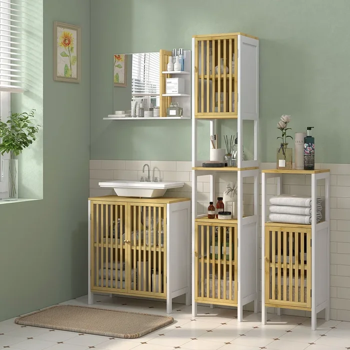 Under Sink Bathroom Cabinet, Sink Storage Cabinet with Slat Doors