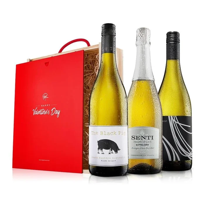 Valentines – White Wine Trio with Prosecco in Wooden Gift Box