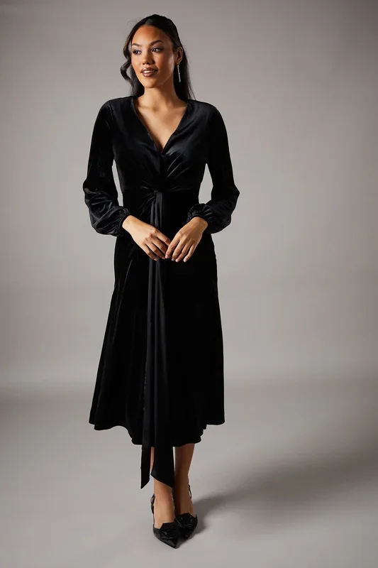 Velvet Long Sleeve Tie Midi Wedding Guest Dress