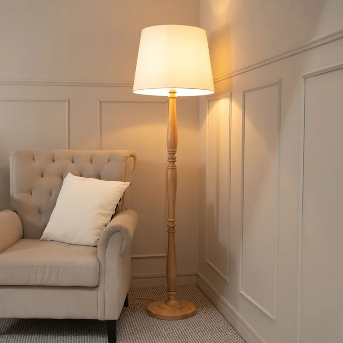 Victoria Light Wood Traditional Floor Lamp with Fabric Tapered Shade and Bulb