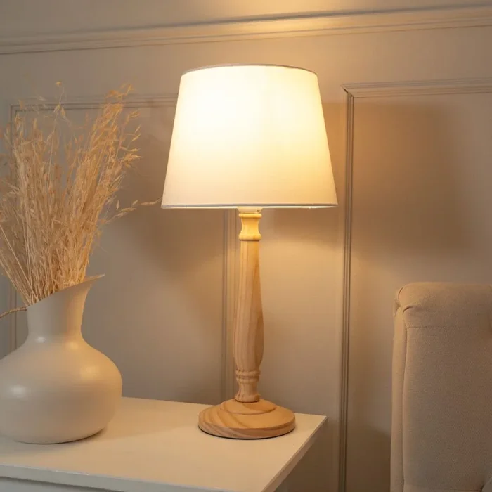 Victoria Light Wood Traditional Table Lamp with Fabric Tapered Shade and Bulb