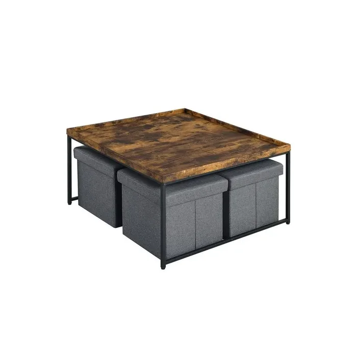 Vinny Weathered Oak Wood Grain 5 Piece Coffee Table Set with Raised Edges
