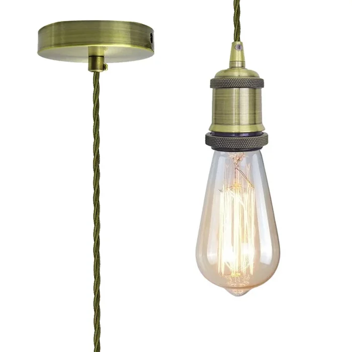 Vintage Green Brass Metal Ceiling Fitting Army Green Twisted Braided Flex 2m E27 Lamp Holder Pendant Light~2710