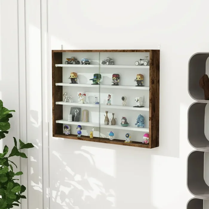 Wall Display Cabinet – Rustic Brown Particle Board with Sliding Glass Doors | 4 Adjustable Shelves HOMCOM