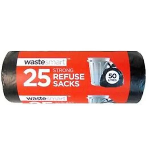 Wastesmart Strong Black Refuse Sacks Bags 50L 25 Pack Roll