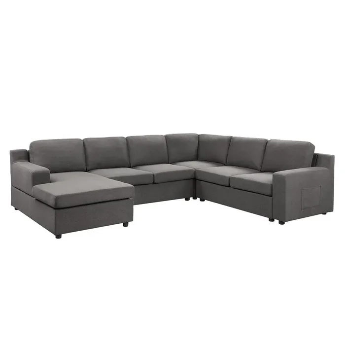 Waylon Gray Linen 6-Seater U-Shape Sectional Sofa Chaise and Pocket