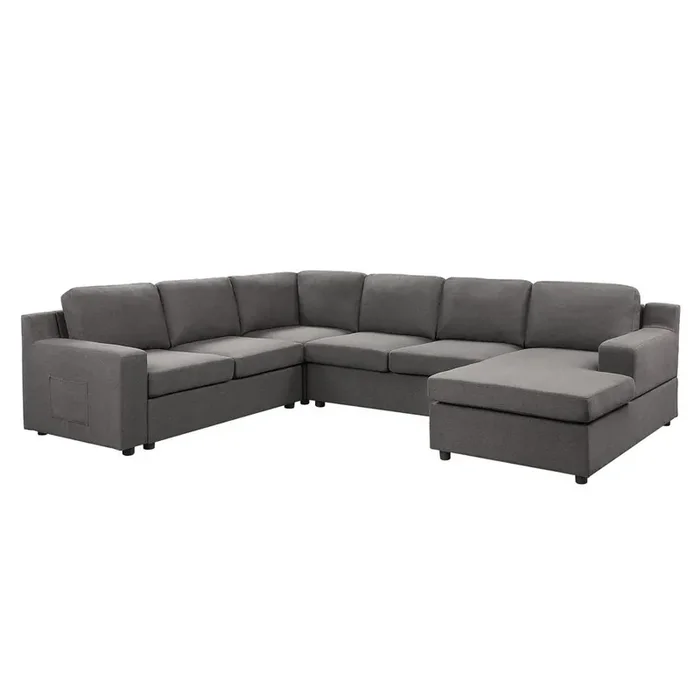 Waylon Gray Linen, 6-Seater U-Shape Sectional Sofa Chaise and Pocket