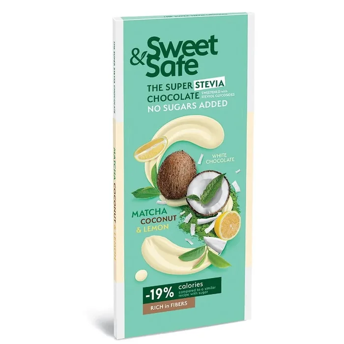 Weiße Schokolade – Matcha Kokos und Zitrone gesüßt mit Stevia 90g SWEET & SAFE