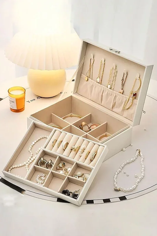 White 2-Tier PU Leather Jewellery Box with Lock
