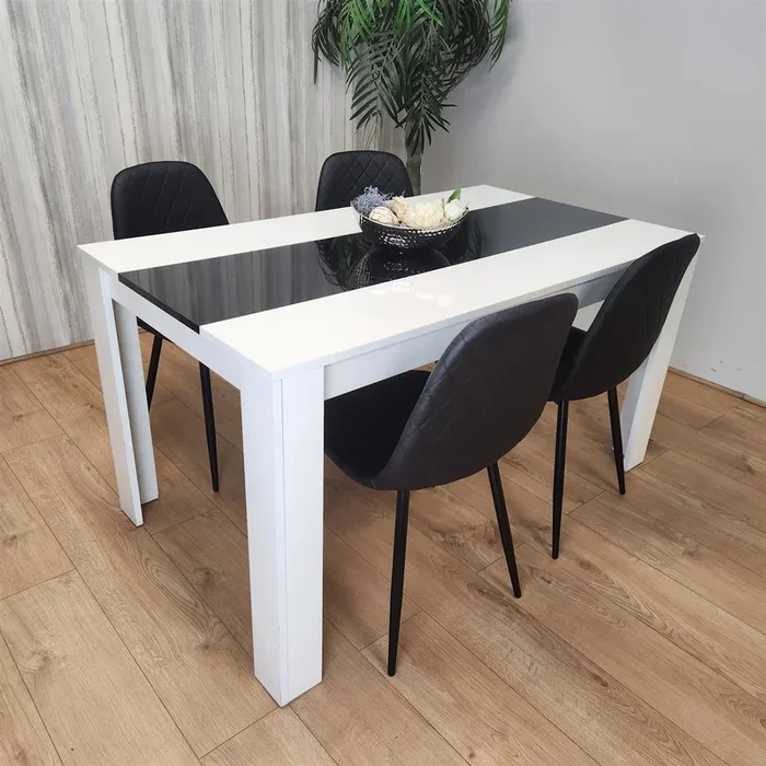 White Black Wood Dining Table with 4 Leather Black Chairs Dining Room