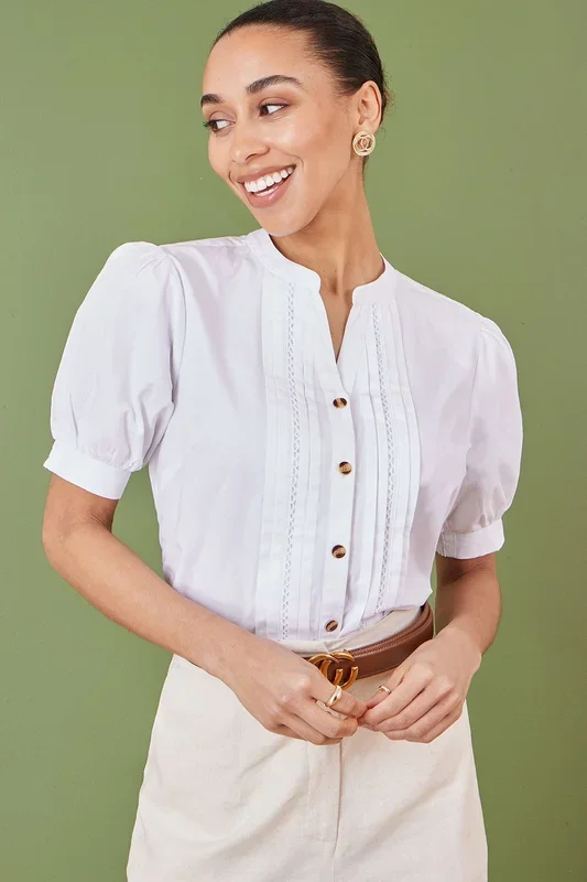 White Cotton Pleated short Sleeve Shirt
