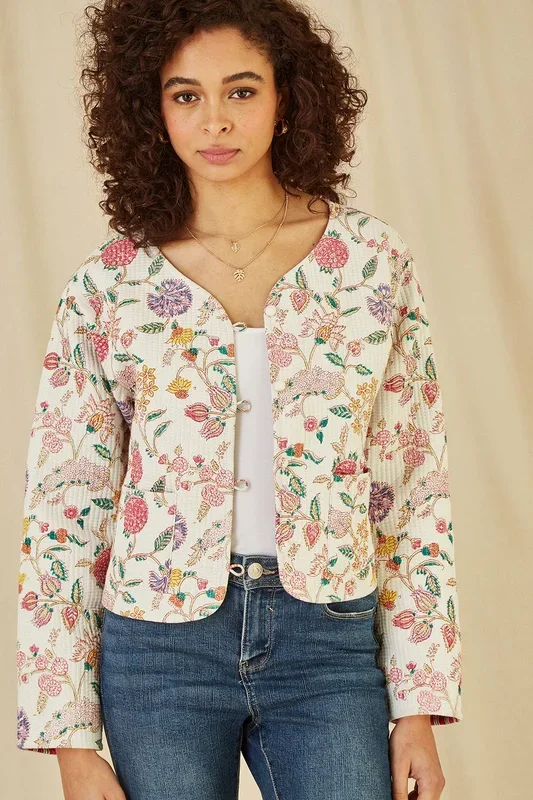 White Floral Print Reversible Cotton Cropped Quilted Jacket