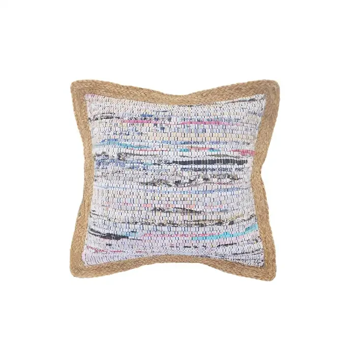 White Multicolored Chindi Jute Bordered Throw Pillow