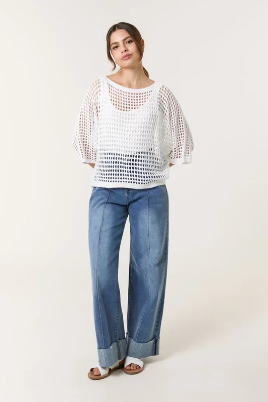 White Round Neck Net Top