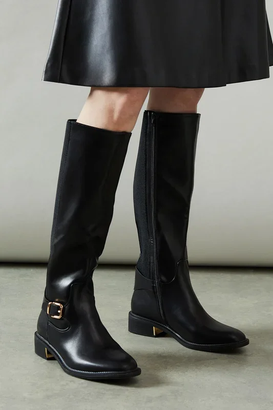 Wide Fit Holly Faux Leather Elastic Back Knee High Riding Boots