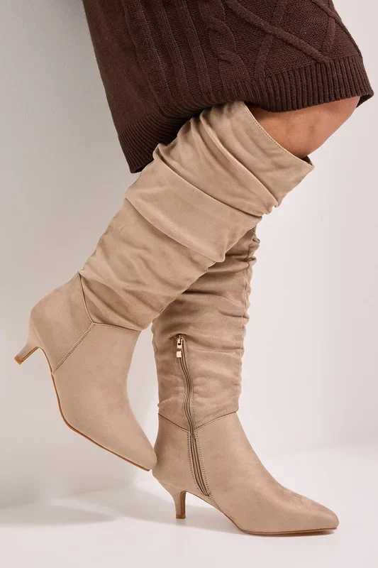 Wide Fit Khloe Faux Suede Kitten Heel Knee High Ruched Boots