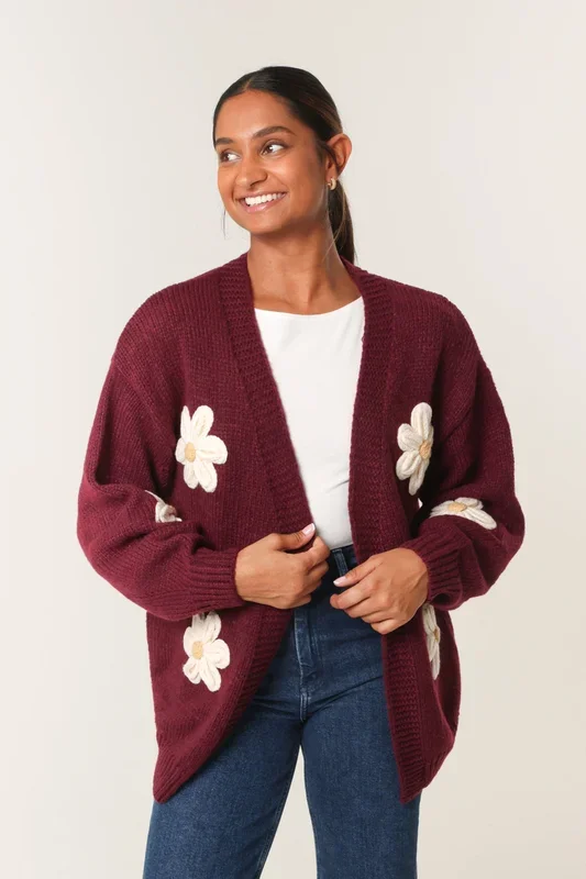 Wine Daisy Large Flower Cardigan