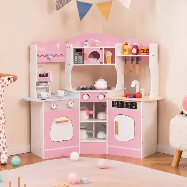 Wooden Corner Play Kitchen – Pink | Lights, Sounds, Coffee Machine and Storage COSTWAY