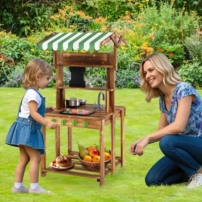 Wooden Double-Sided Mud Kitchen and BBQ Grill | Chalkboard and Accessories COSTWAY