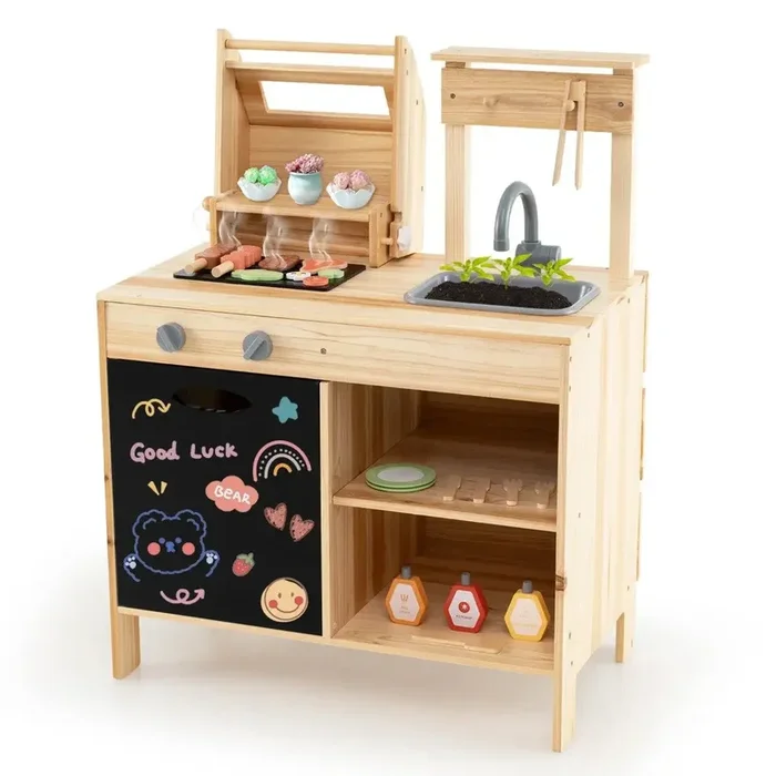 Wooden Interactive BBQ Grill Playset | Kids Pretend Cooking Kitchen with Chalkboard COSTWAY