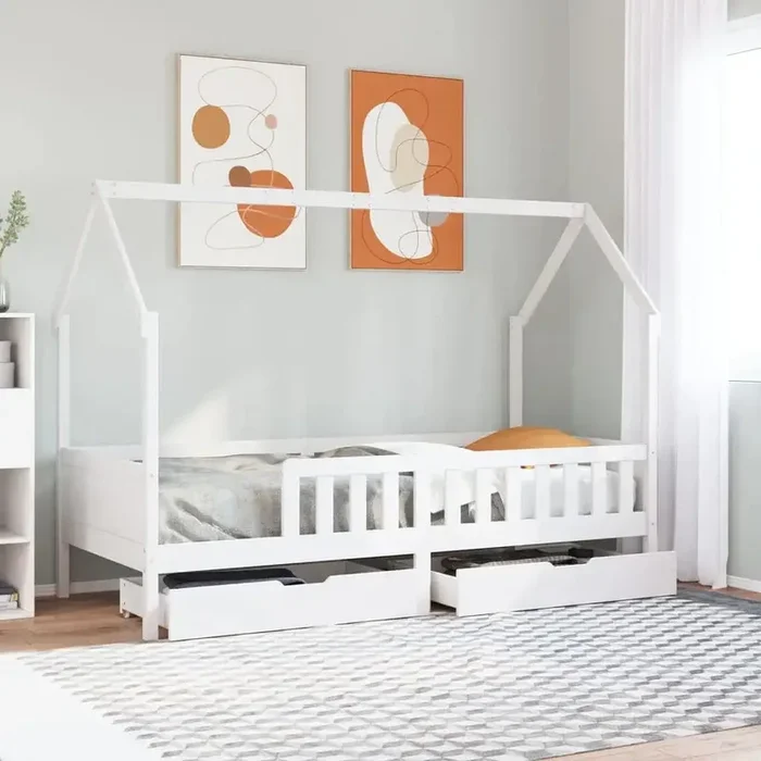 Wooden Kids House Bed Frame – White 200x80cm | Adventure Bed with 2 Storage Drawers VIDAXL