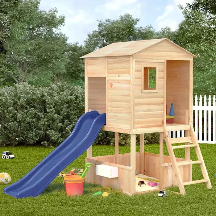 Wooden Play Tower with Slide – Untreated Fir Wood | Blue Wave Slide VIDAXL