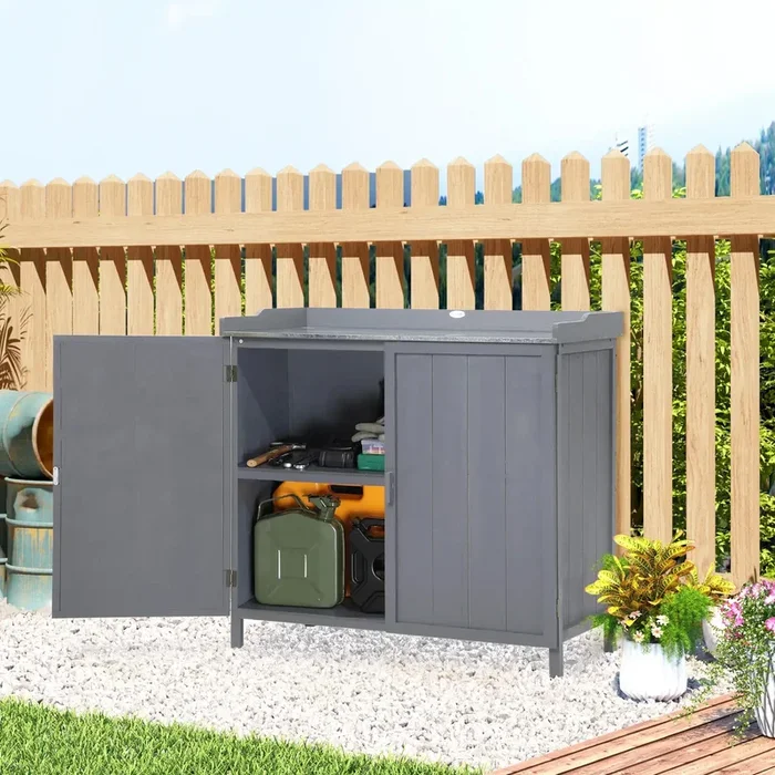 Wooden Potting Table with Storage Cabinet – Grey Garden Workbench | Two-Shelf Storage OUTSUNNY