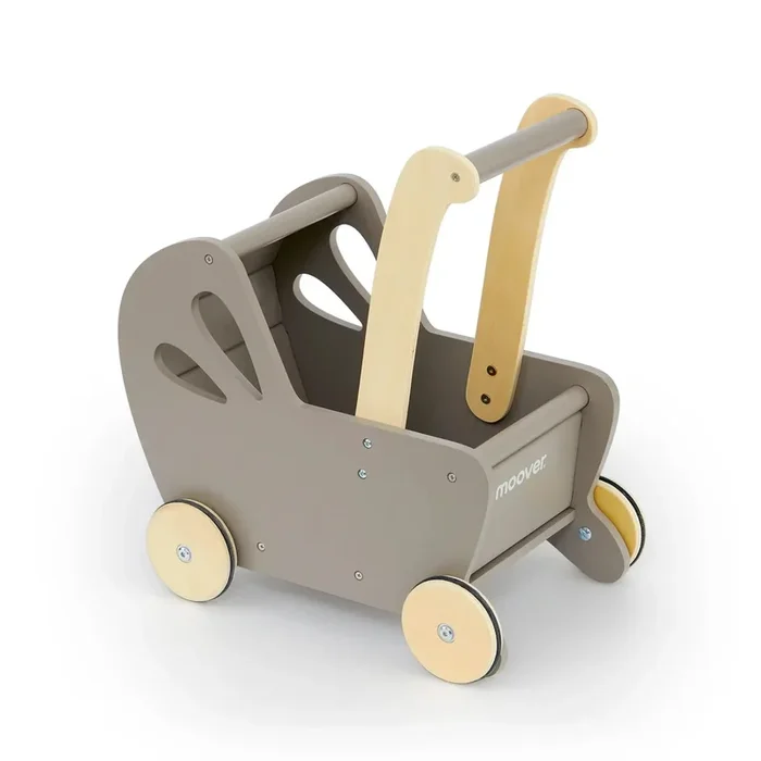 Wooden Pram – Grey Toddler Push Toy | Walking Aid with Rubber Tyres MOOVER