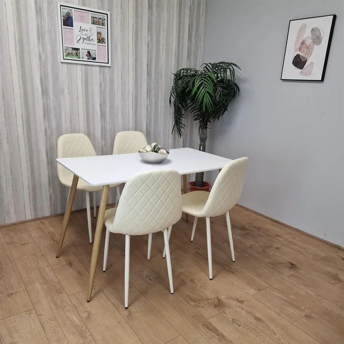 Wooden Rectangle grey tulip table with 4 Cream Gem Patterned Chairs