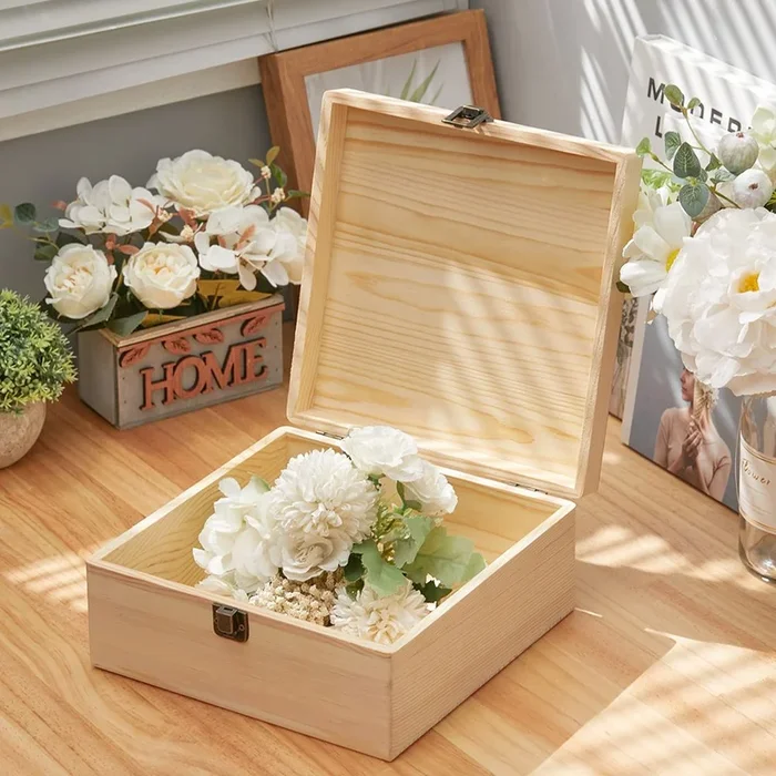 Wooden Storage Box with Hinged Lid and Lock Clasp