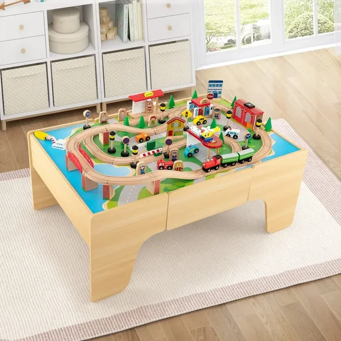Wooden Train Table with 84-Piece Set | Reversible Activity Table COSTWAY