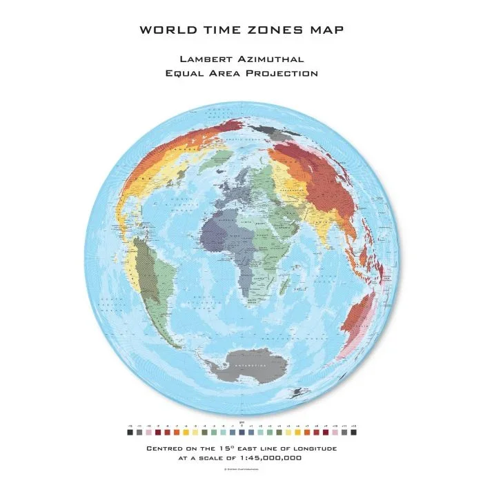 World Time Zones Hexagons centred on 15° East Map